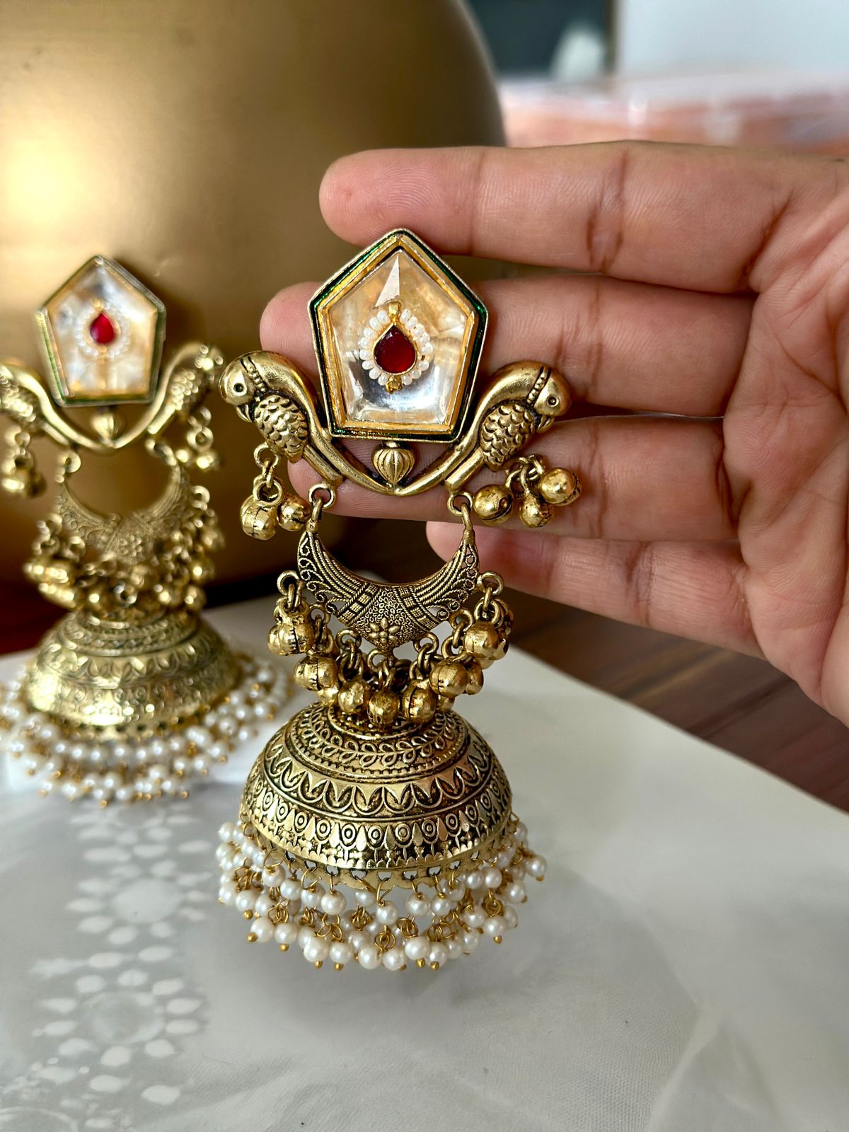 Antique gold parrot jhumkis