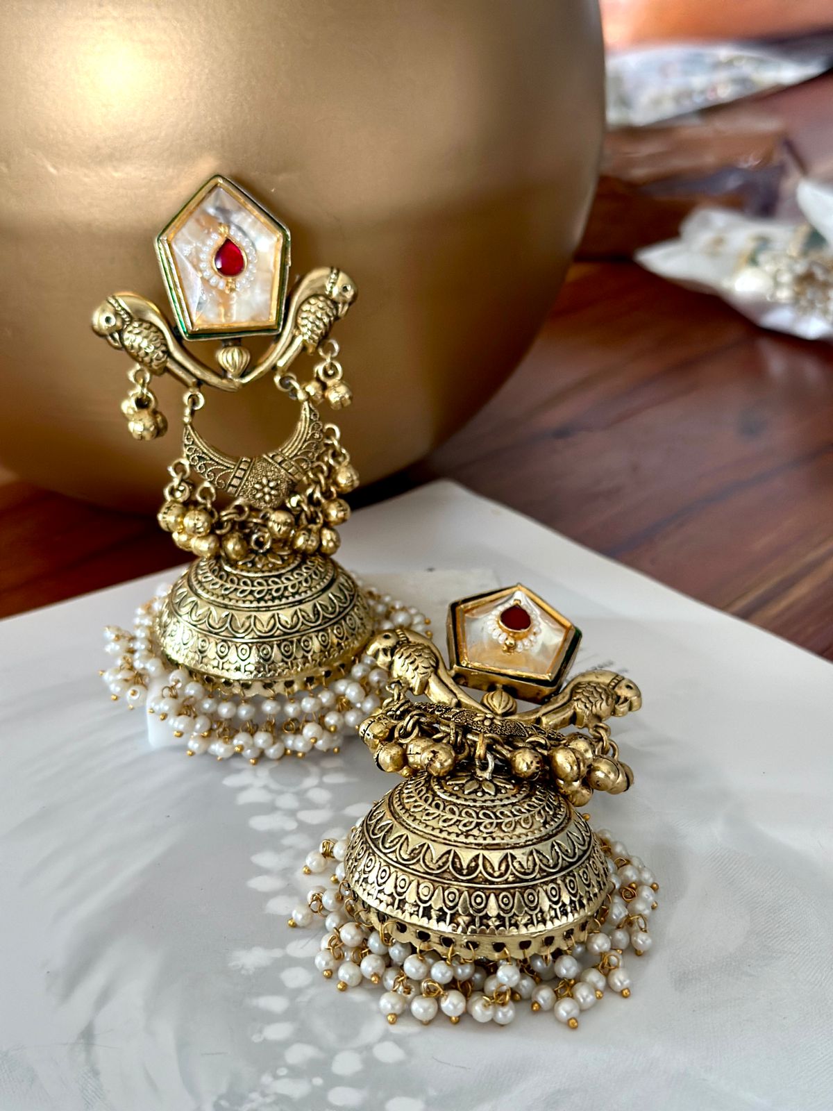 Antique gold parrot jhumkis