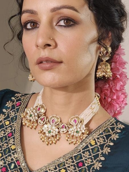 Traditional Kundan polki necklace set with jhumkis