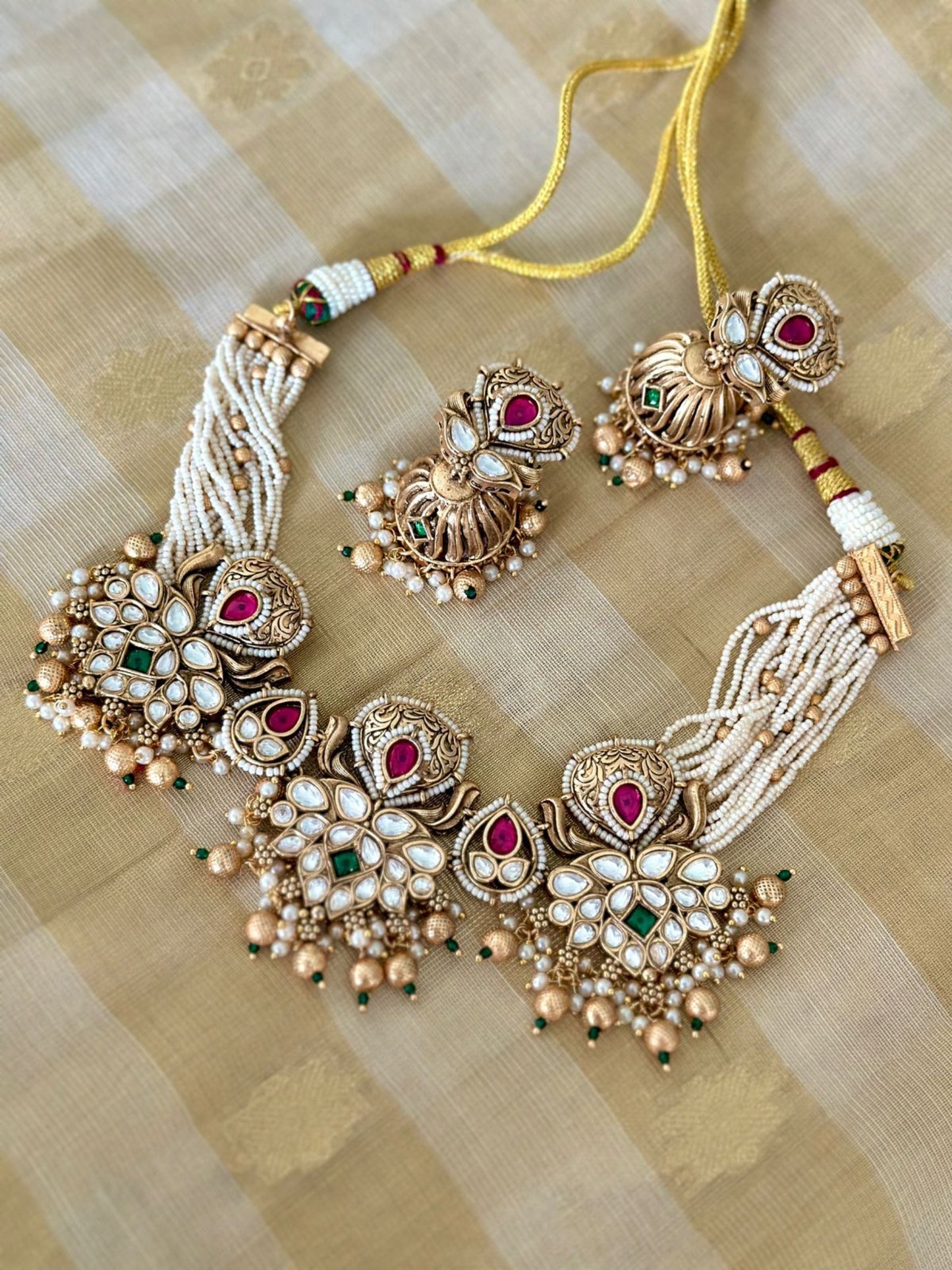 Traditional Kundan polki necklace set with jhumkis