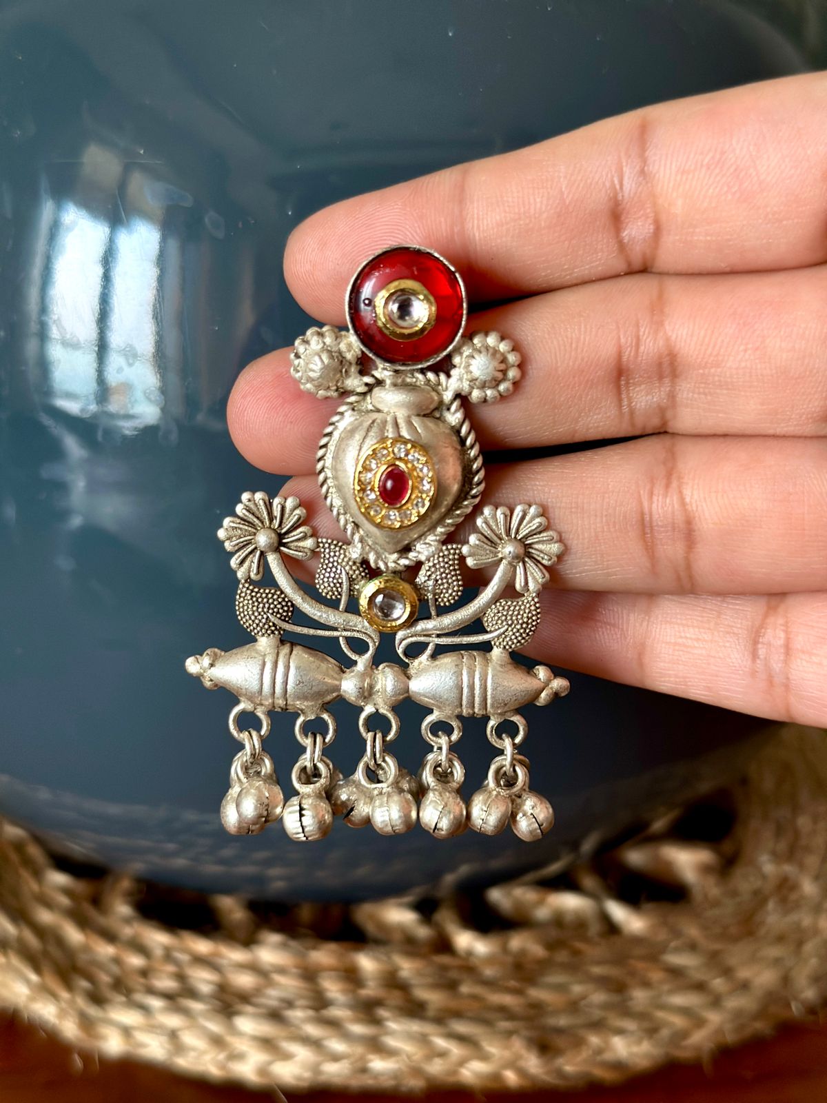 Silver red stone earrings