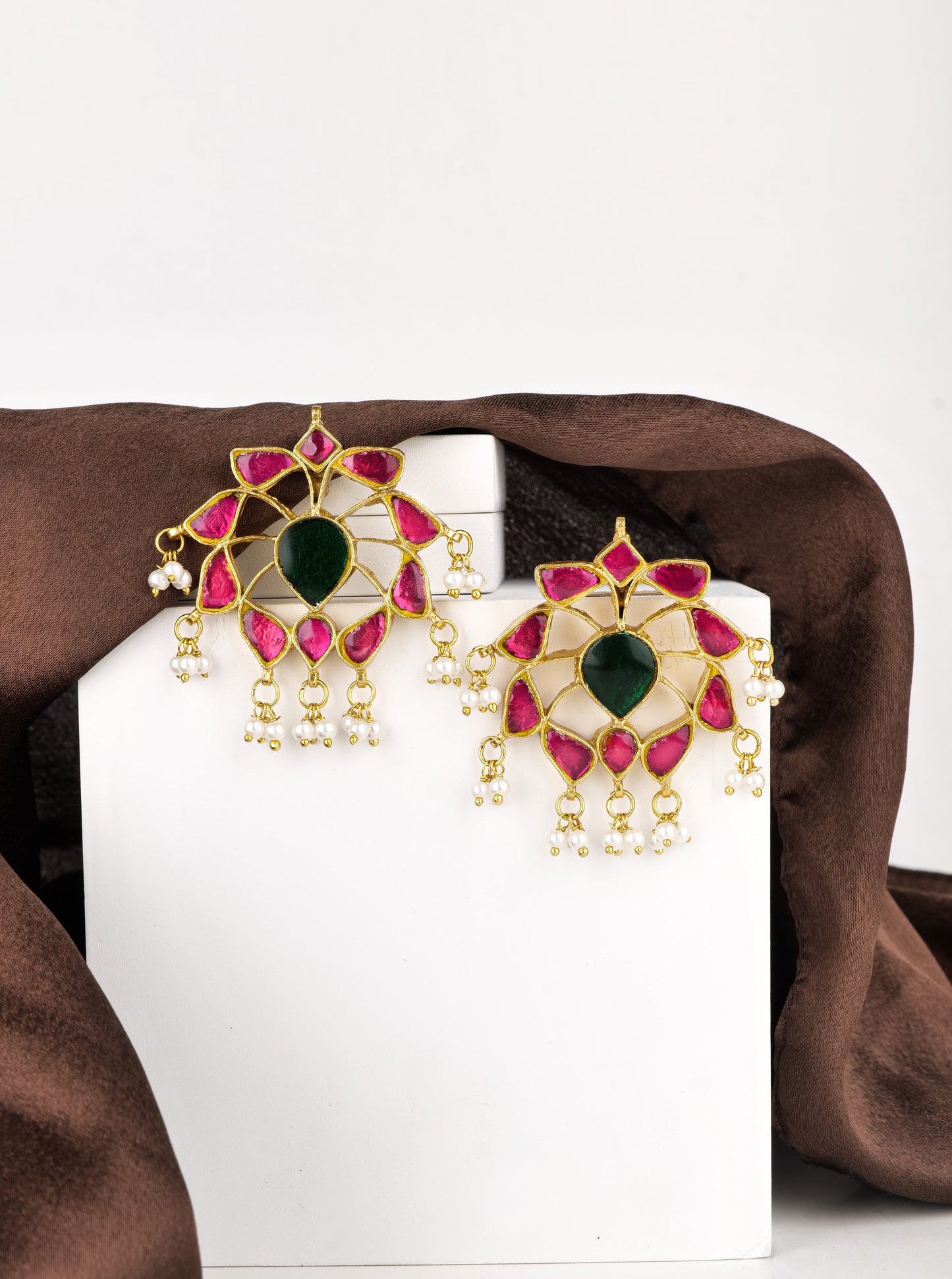 Pink green kundan studs