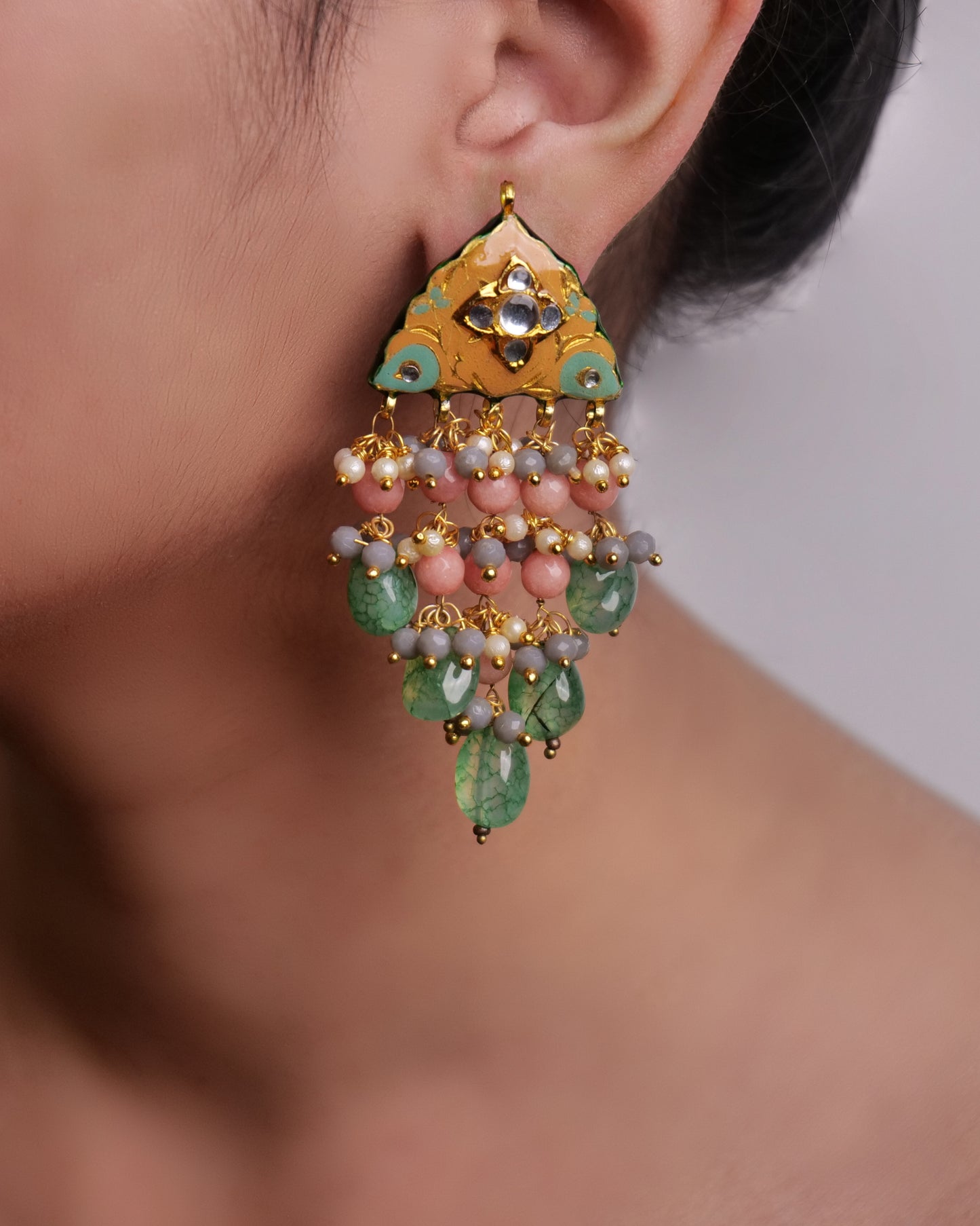 Multicoloured enamel studs with stone tassels