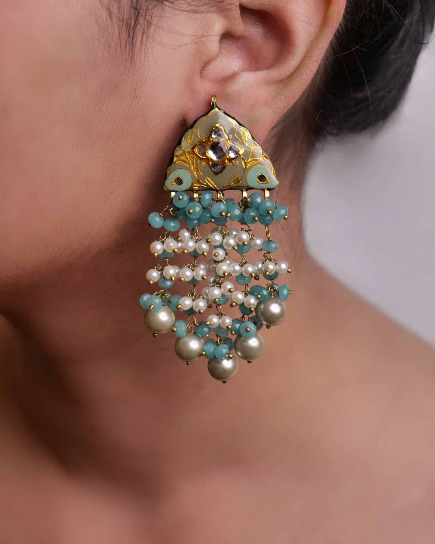 Multicoloured enamel studs with stone tassels