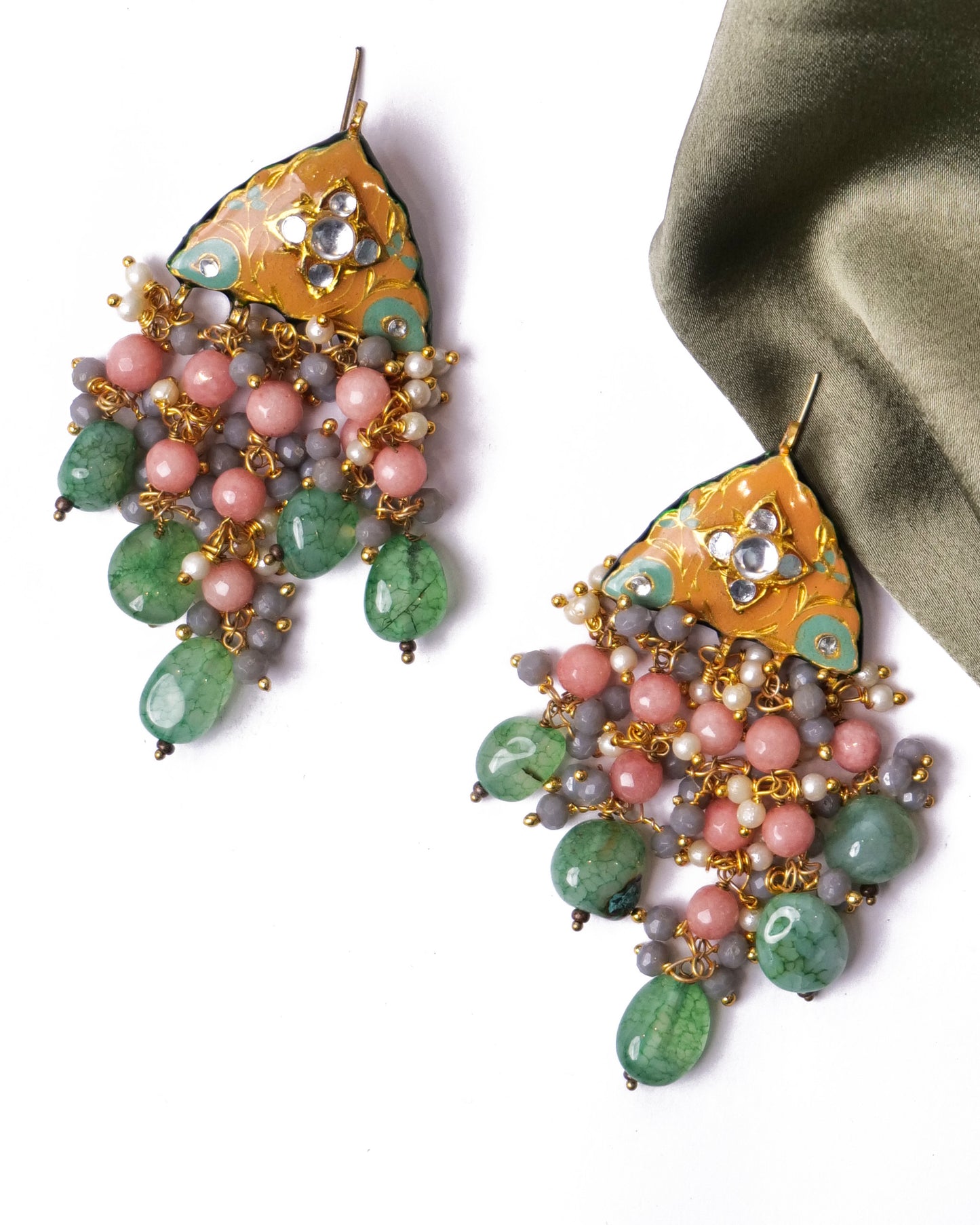 Multicoloured enamel studs with stone tassels