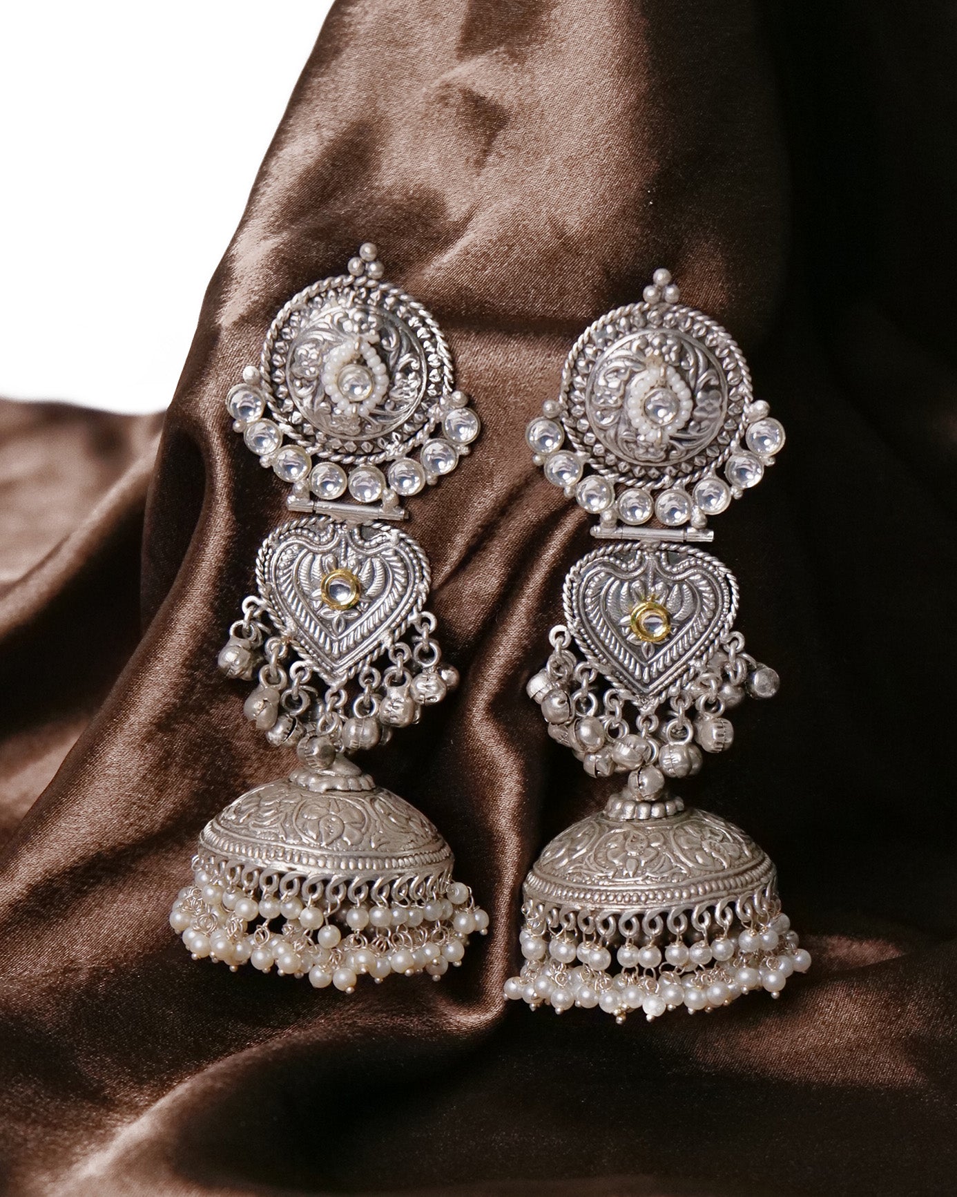 Silver finish long statement jhumkis