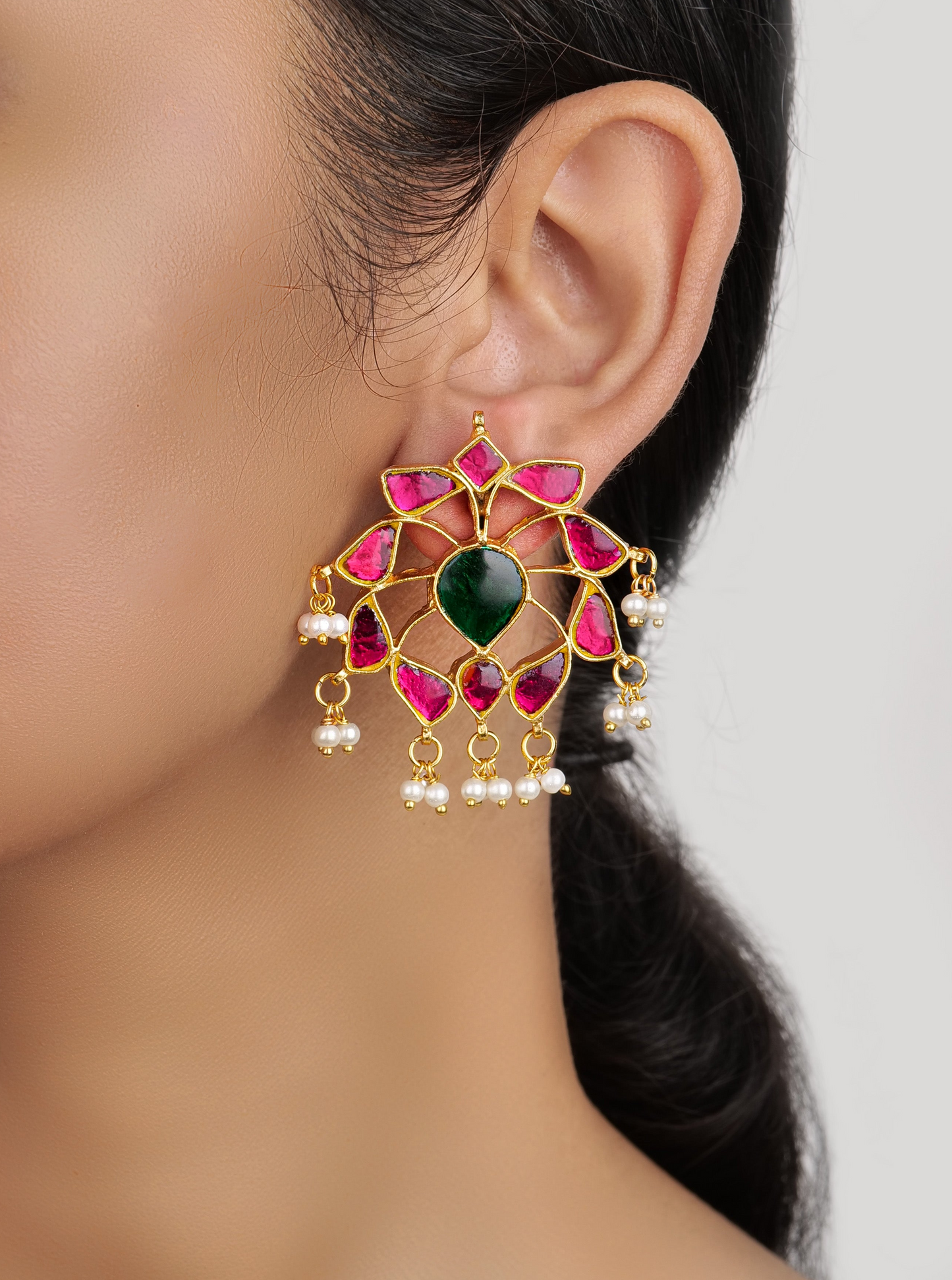 Pink green kundan studs